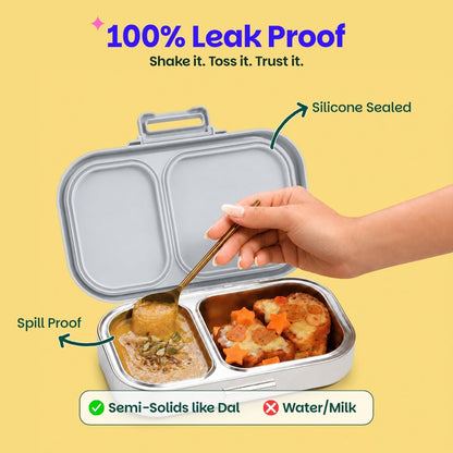 Basil Classic Grey 600ml Stainless Steel Lunch Box | 2-Section Leak-Proof Tiffin Box
