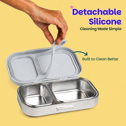 Basil Classic Grey 600ml Stainless Steel Lunch Box | 2-Section Leak-Proof Tiffin Box