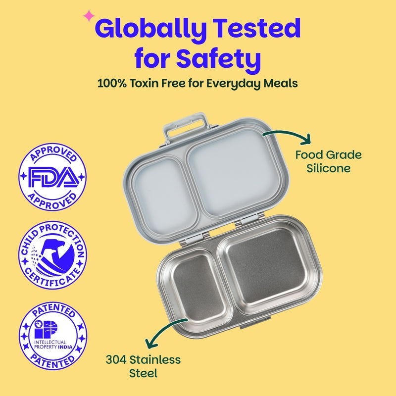 Basil Classic Grey 600ml Stainless Steel Lunch Box | 2-Section Leak-Proof Tiffin Box