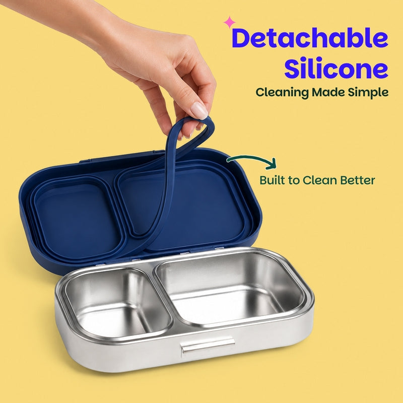 Classic BlueBasil Classic Blue 600ml Stainless Steel Lunch Box | 2-Section Leak-Proof Tiffin Box