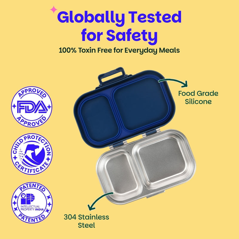 Classic BlueBasil Classic Blue 600ml Stainless Steel Lunch Box | 2-Section Leak-Proof Tiffin Box
