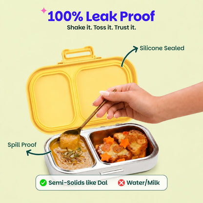 Basil Kitty Party 600ml Stainless Steel Lunch Box | 2-Section Leak-Proof Kids Tiffin Box