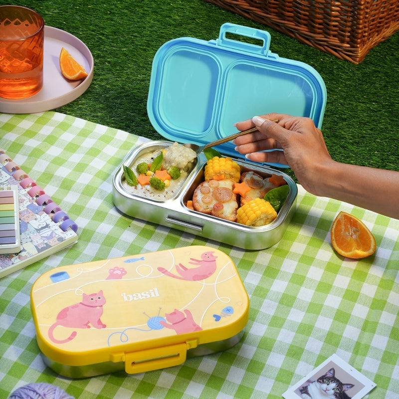 Basil Kitty Party 600ml Stainless Steel Lunch Box | 2-Section Leak-Proof Kids Tiffin Box