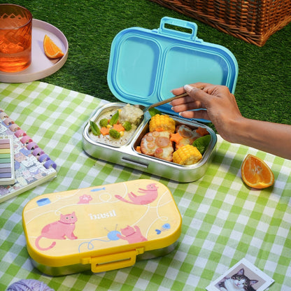 Basil Kitty Party 600ml Stainless Steel Lunch Box | 2-Section Leak-Proof Kids Tiffin Box