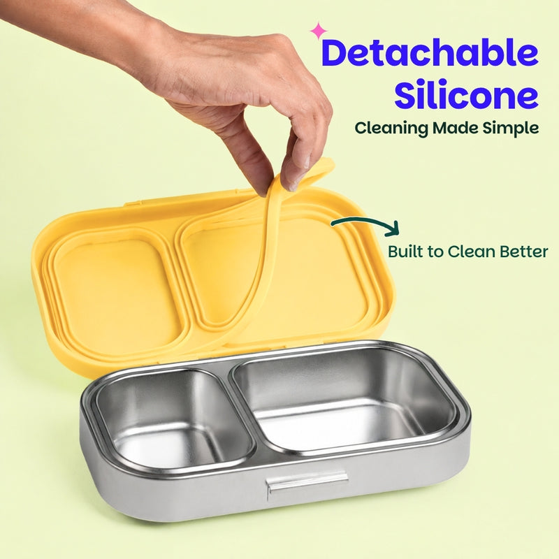 Basil Kitty Party 600ml Stainless Steel Lunch Box | 2-Section Leak-Proof Kids Tiffin Box