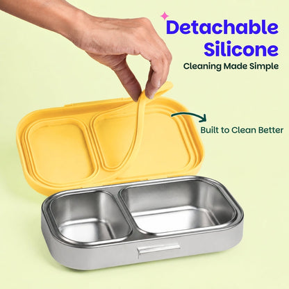Basil Kitty Party 600ml Stainless Steel Lunch Box | 2-Section Leak-Proof Kids Tiffin Box