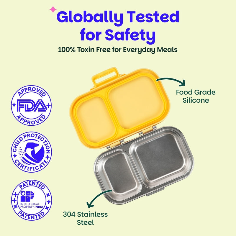 Basil Kitty Party 600ml Stainless Steel Lunch Box | 2-Section Leak-Proof Kids Tiffin Box