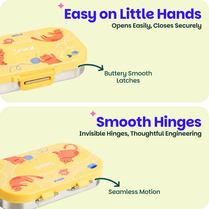 Basil Kitty Party 600ml Stainless Steel Lunch Box | 2-Section Leak-Proof Kids Tiffin Box