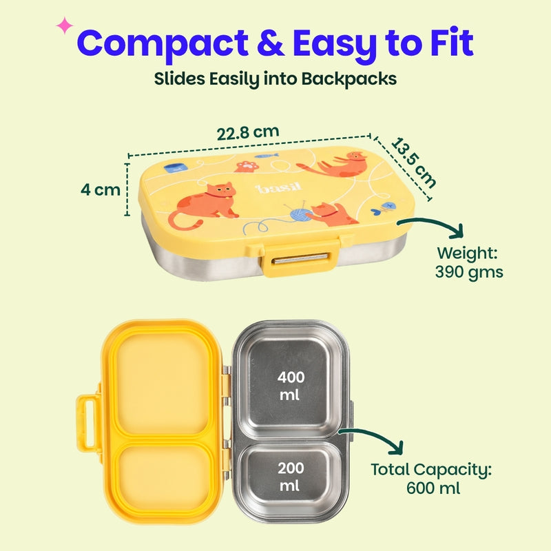 Basil Kitty Party 600ml Stainless Steel Lunch Box | 2-Section Leak-Proof Kids Tiffin Box