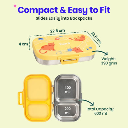 Basil Kitty Party 600ml Stainless Steel Lunch Box | 2-Section Leak-Proof Kids Tiffin Box