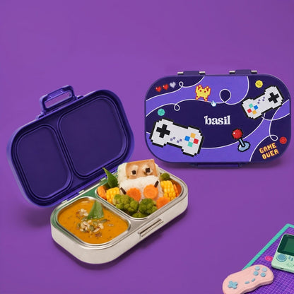 Basil Pixel Rush 600ml Stainless Steel Lunch Box | 2-Section Leak-Proof Kids Tiffin Box