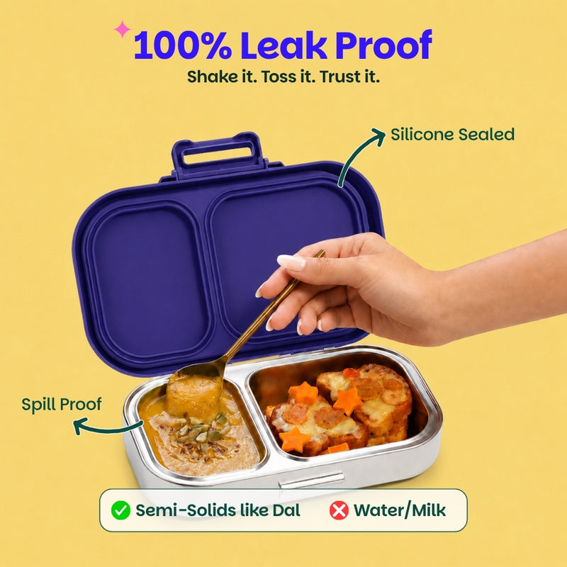 Basil Pixel Rush 600ml Stainless Steel Lunch Box | 2-Section Leak-Proof Kids Tiffin Box