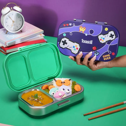 Basil Pixel Rush 600ml Stainless Steel Lunch Box | 2-Section Leak-Proof Kids Tiffin Box