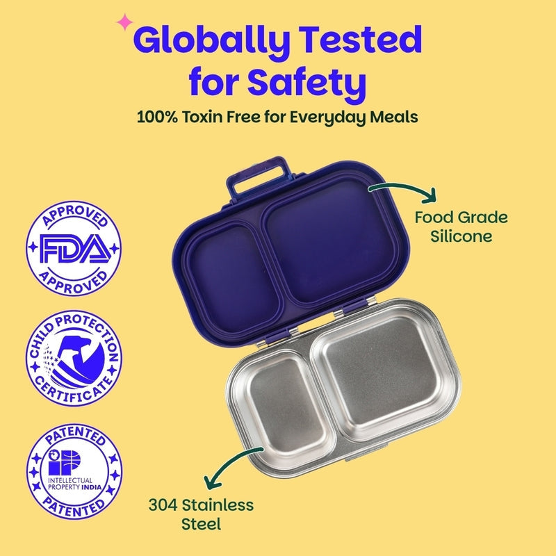 Basil Pixel Rush 600ml Stainless Steel Lunch Box | 2-Section Leak-Proof Kids Tiffin Box