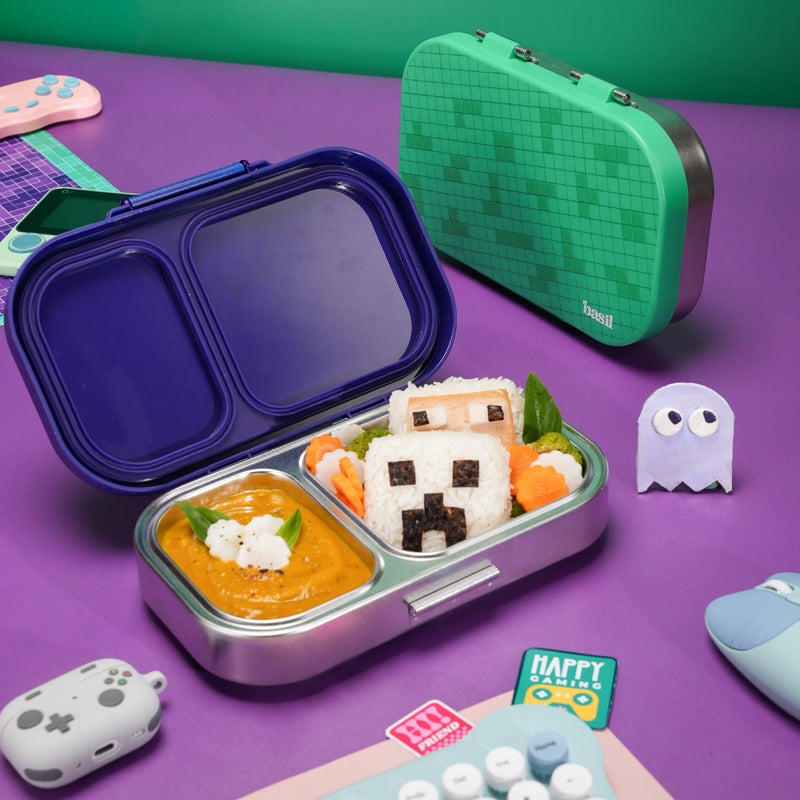 Basil Pixel Rush 600ml Stainless Steel Lunch Box | 2-Section Leak-Proof Kids Tiffin Box