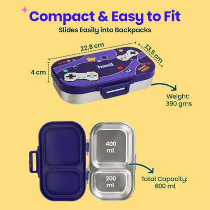 Basil Pixel Rush 600ml Stainless Steel Lunch Box | 2-Section Leak-Proof Kids Tiffin Box
