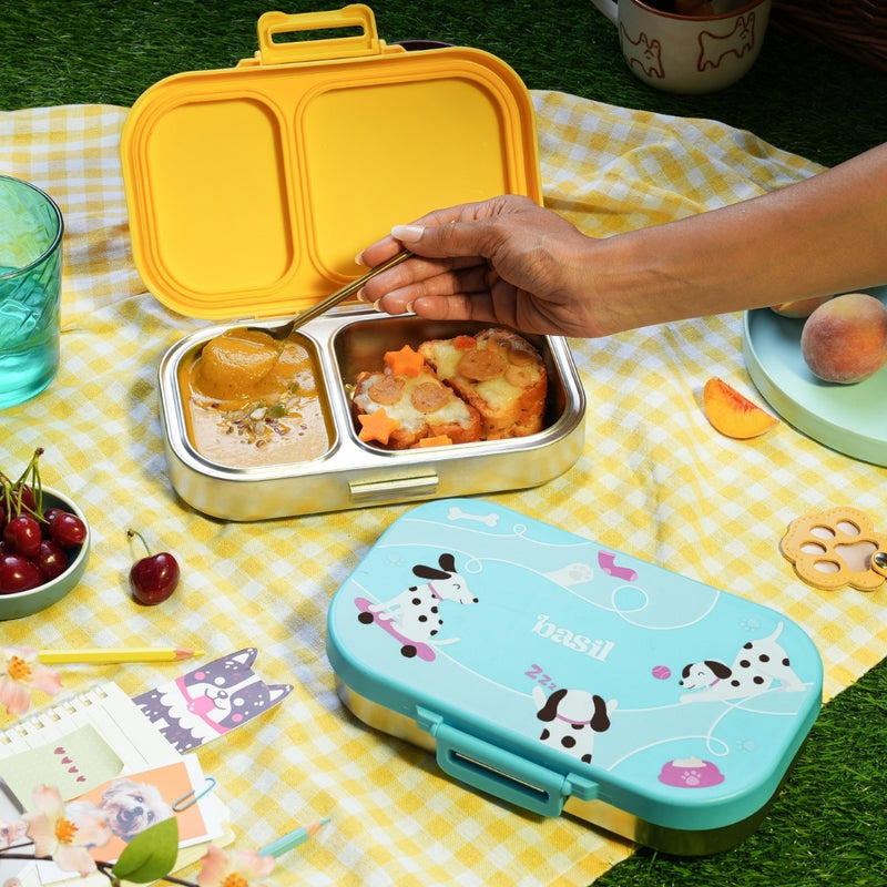 Basil Wiggly Woof 600ml Stainless Steel Lunch Box | 2-Section Leak-Proof Kids Tiffin Box