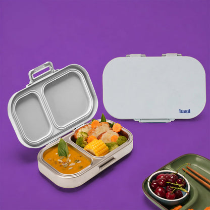 Basil Classic Grey 600ml Stainless Steel Lunch Box | 2-Section Leak-Proof Tiffin Box