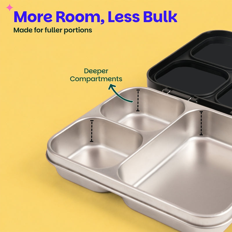 Basil 1000ml Stainless Steel Bento Lunch Box – Classic Black | 3-Section Leak-Proof Tiffin Box
