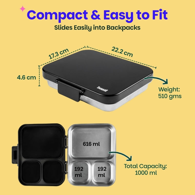 Basil 1000ml Stainless Steel Bento Lunch Box – Classic Black | 3-Section Leak-Proof Tiffin Box