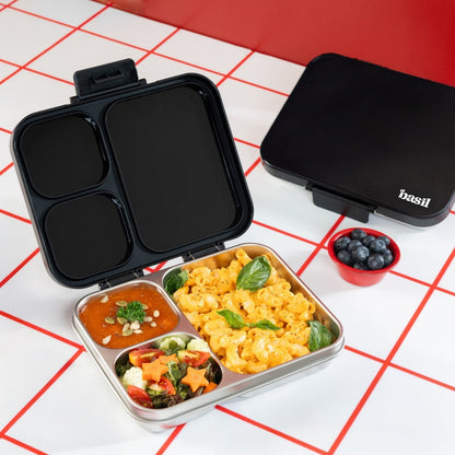 Basil 1000ml Stainless Steel Bento Lunch Box – Classic Black | 3-Section Leak-Proof Tiffin Box