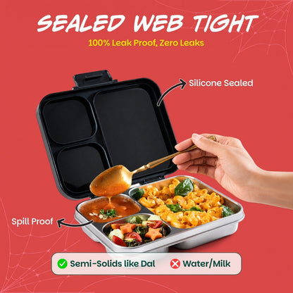 Basil Marvel Spider-Man 1000ml Stainless Steel Bento Lunch Box – Phantom Web | 3-Section Kids Tiffin Box