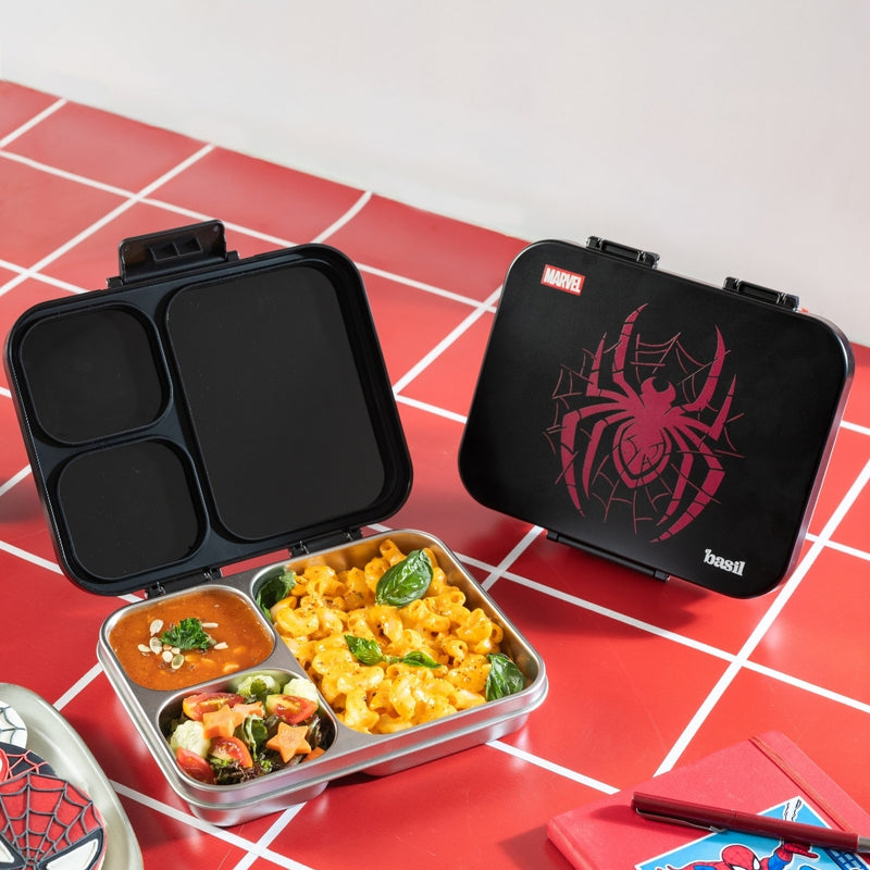 Basil Marvel Spider-Man 1000ml Stainless Steel Bento Lunch Box – Phantom Web | 3-Section Kids Tiffin Box