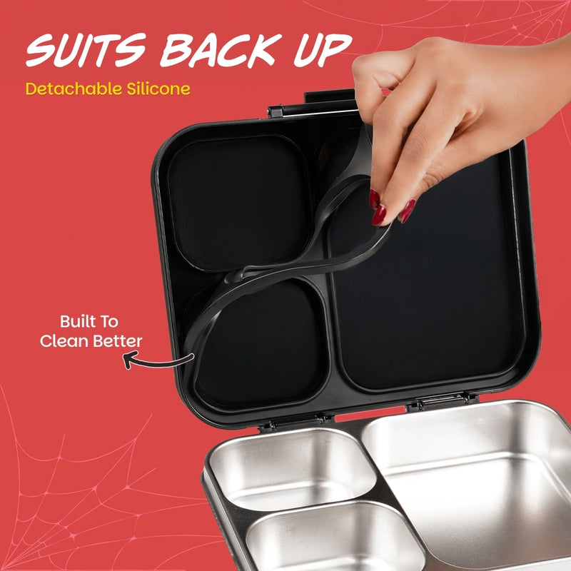 Basil Marvel Spider-Man 1000ml Stainless Steel Bento Lunch Box – Phantom Web | 3-Section Kids Tiffin Box