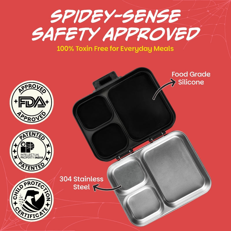 Basil Marvel Spider-Man 1000ml Stainless Steel Bento Lunch Box – Sling Strike | 3-Section Kids Tiffin Box