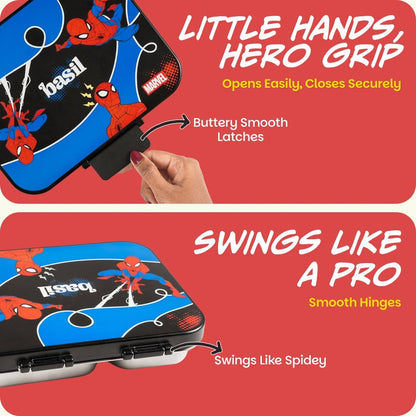 Basil Marvel Spider-Man 1000ml Stainless Steel Bento Lunch Box – Sling Strike | 3-Section Kids Tiffin Box
