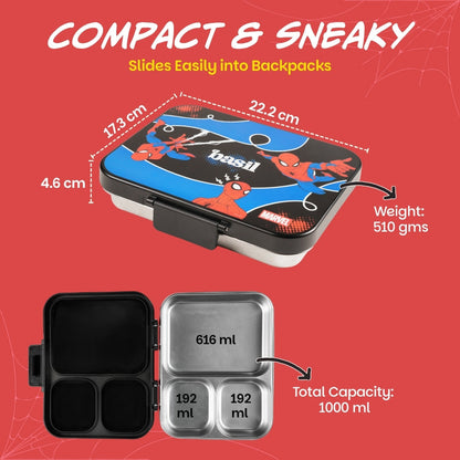 Basil Marvel Spider-Man 1000ml Stainless Steel Bento Lunch Box – Sling Strike | 3-Section Kids Tiffin Box