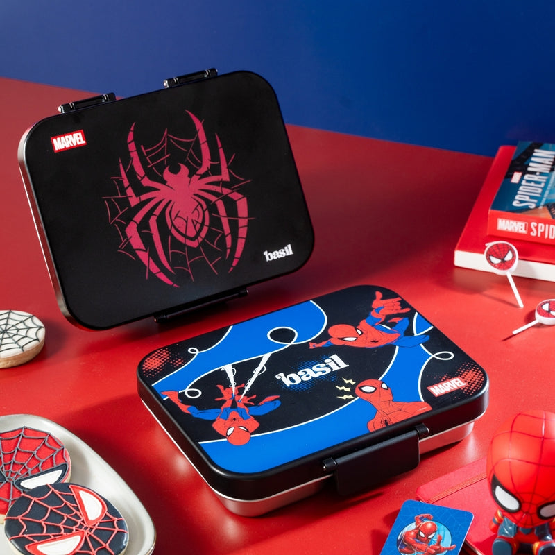 Basil Marvel Spider-Man 1000ml Stainless Steel Bento Lunch Box – Sling Strike | 3-Section Kids Tiffin Box