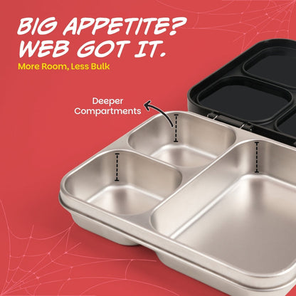 Basil Marvel Spider-Man 1000ml Stainless Steel Bento Lunch Box – Sling Strike | 3-Section Kids Tiffin Box