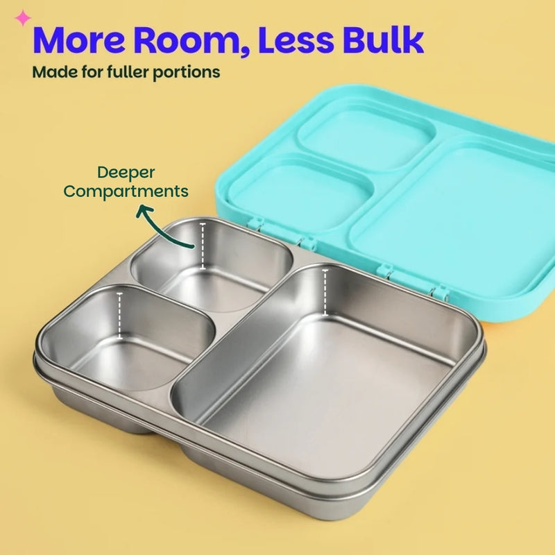 Basil 1000ml Stainless Steel Bento Lunch Box for Kids | 3-Section Leak-Proof Tiffin Box with Silicone-Sealed Lid | Wiggly Woof & Kitty Party