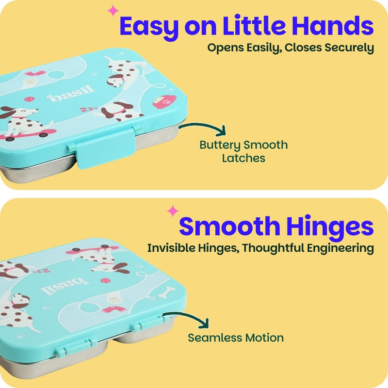 Basil 1000ml Stainless Steel Bento Lunch Box for Kids | 3-Section Leak-Proof Tiffin Box with Silicone-Sealed Lid | Wiggly Woof & Kitty Party