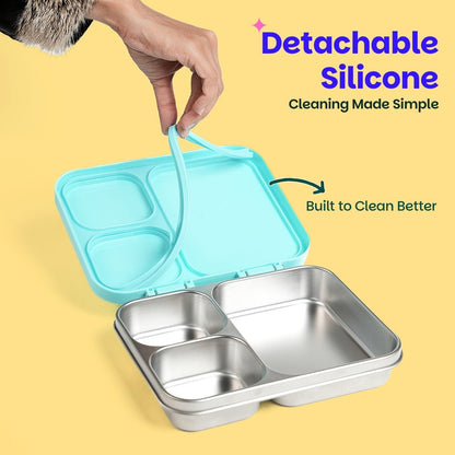 Basil 1000ml Stainless Steel Bento Lunch Box for Kids | 3-Section Leak-Proof Tiffin Box with Silicone-Sealed Lid | Wiggly Woof & Kitty Party