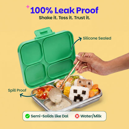 Basil Retro Stack 1000ml Stainless Steel Bento Lunch Box | 4-Section Leak-Proof Kids Tiffin Box