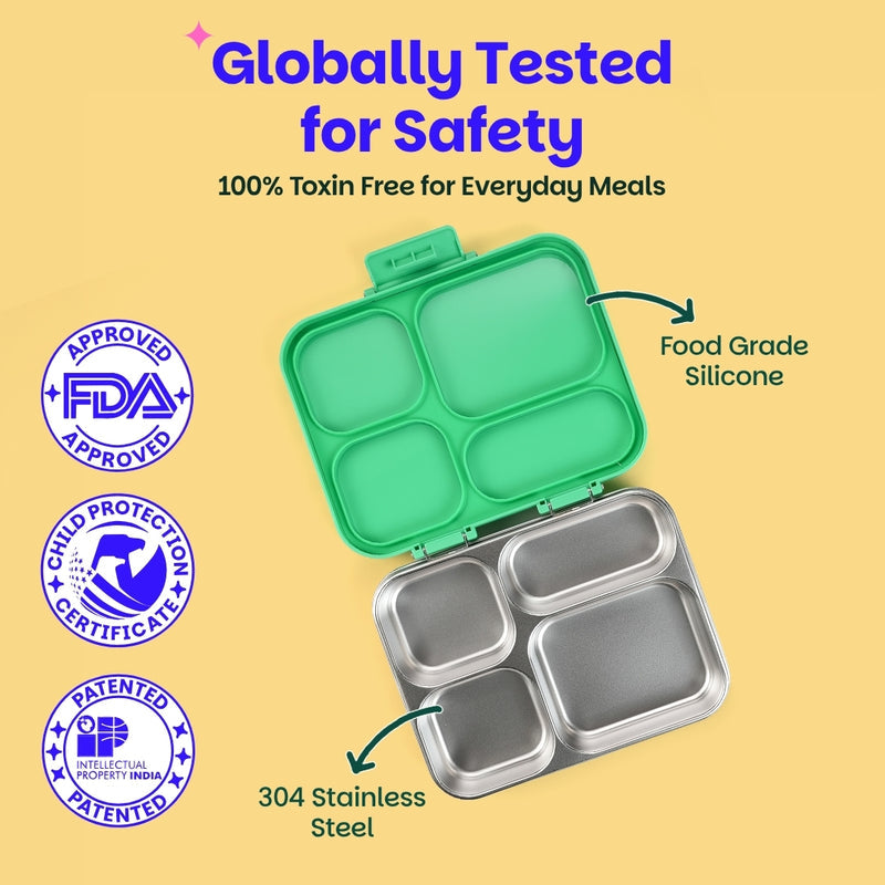 Basil Retro Stack 1000ml Stainless Steel Bento Lunch Box | 4-Section Leak-Proof Kids Tiffin Box