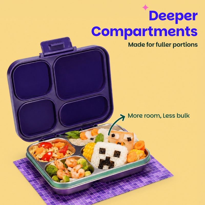 Basil Pixel Rush 1000ml Stainless Steel Bento Lunch Box | 4-Section Leak-Proof Kids Tiffin Box