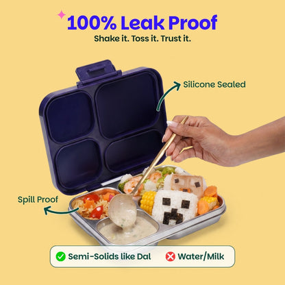 Basil Pixel Rush 1000ml Stainless Steel Bento Lunch Box | 4-Section Leak-Proof Kids Tiffin Box