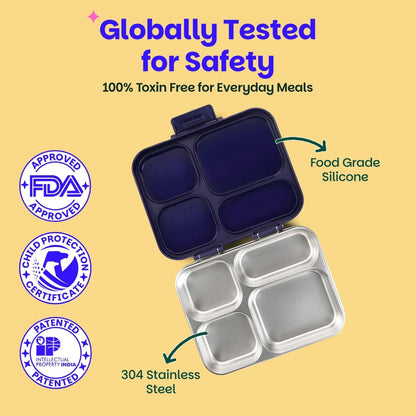Basil Pixel Rush 1000ml Stainless Steel Bento Lunch Box | 4-Section Leak-Proof Kids Tiffin Box