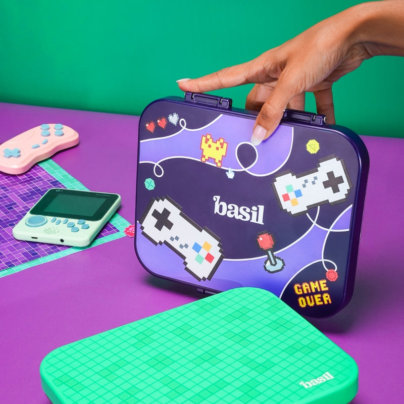 Basil Pixel Rush 1000ml Stainless Steel Bento Lunch Box | 4-Section Leak-Proof Kids Tiffin Box