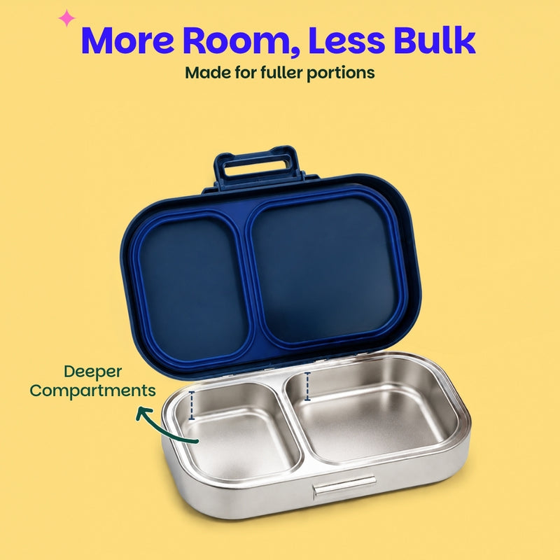 Classic BlueBasil Classic Blue 600ml Stainless Steel Lunch Box | 2-Section Leak-Proof Tiffin Box