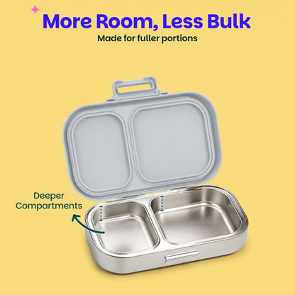Basil Classic Grey 600ml Stainless Steel Lunch Box | 2-Section Leak-Proof Tiffin Box