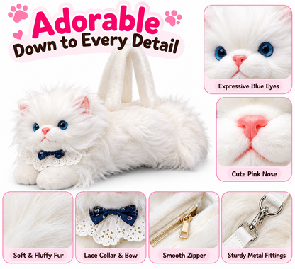 Meowing Plush Persian Cat Handbag & Crossbody Bag | Fluffy White Kitty Purse with Adjustable Strap & Lace Collar for Girls & Women
