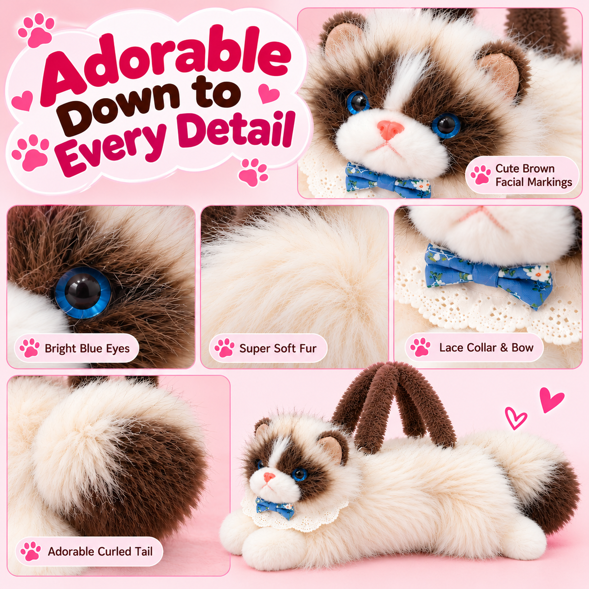 Meowing Plush Ragdoll Cat Handbag & Crossbody Bag | Fluffy Ragdoll Kitty Purse with Adjustable Strap & Lace Collar for Girls & Women