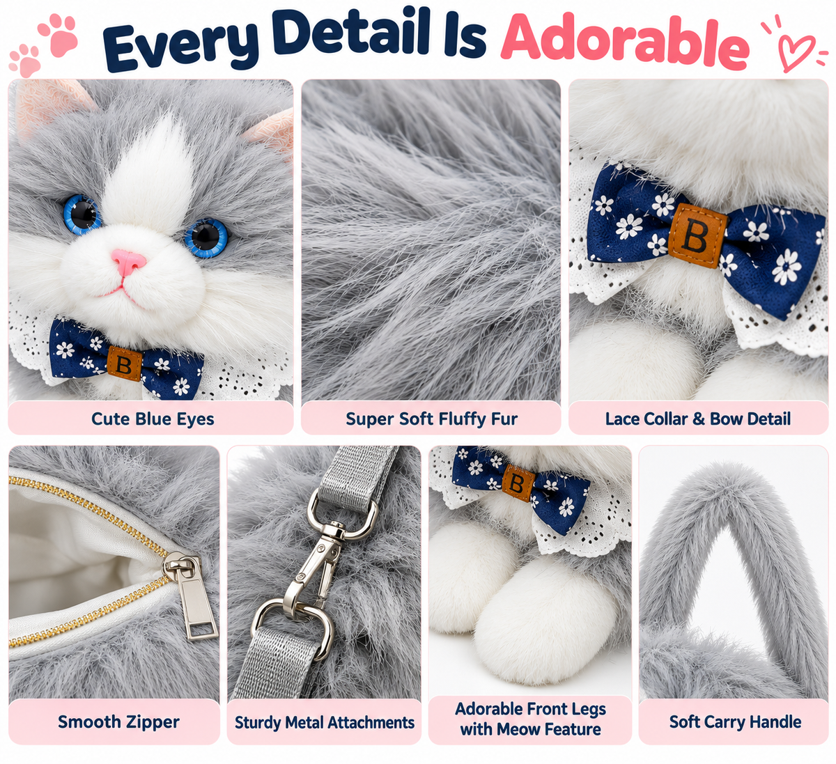 Meowing Plush Grey & White Cat Handbag & Crossbody Bag | Fluffy Kitty Purse with Adjustable Strap & Lace Collar for Girls & Women