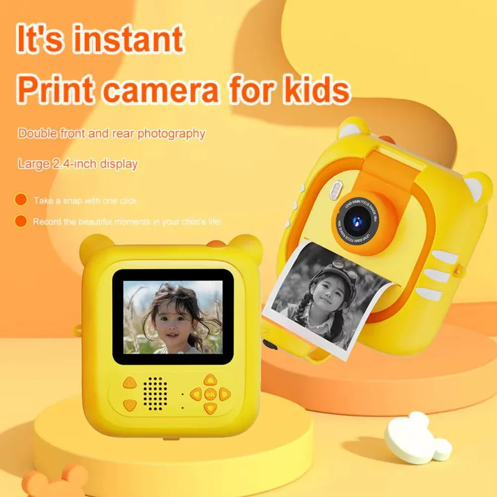 Instant Print Kids Camera – 48MP 1080P Video Toy with Rotating Lens & 6 Rolls - Yellow