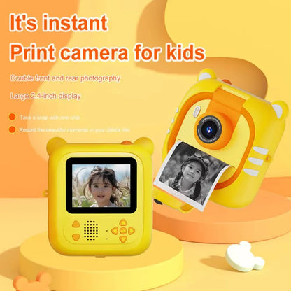 Instant Print Kids Camera – 48MP 1080P Video Toy with Rotating Lens & 6 Rolls - Yellow