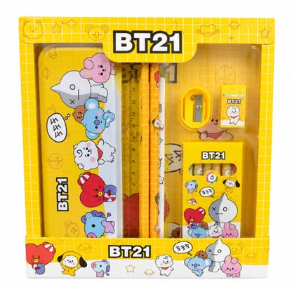 BT21 Premium Stationery Gift Set for Kids – Pencil Box with 2 Pencils, Ruler, Sharpener, Eraser & 6 Mini Colour Pencils | Cute School Supplies Kit